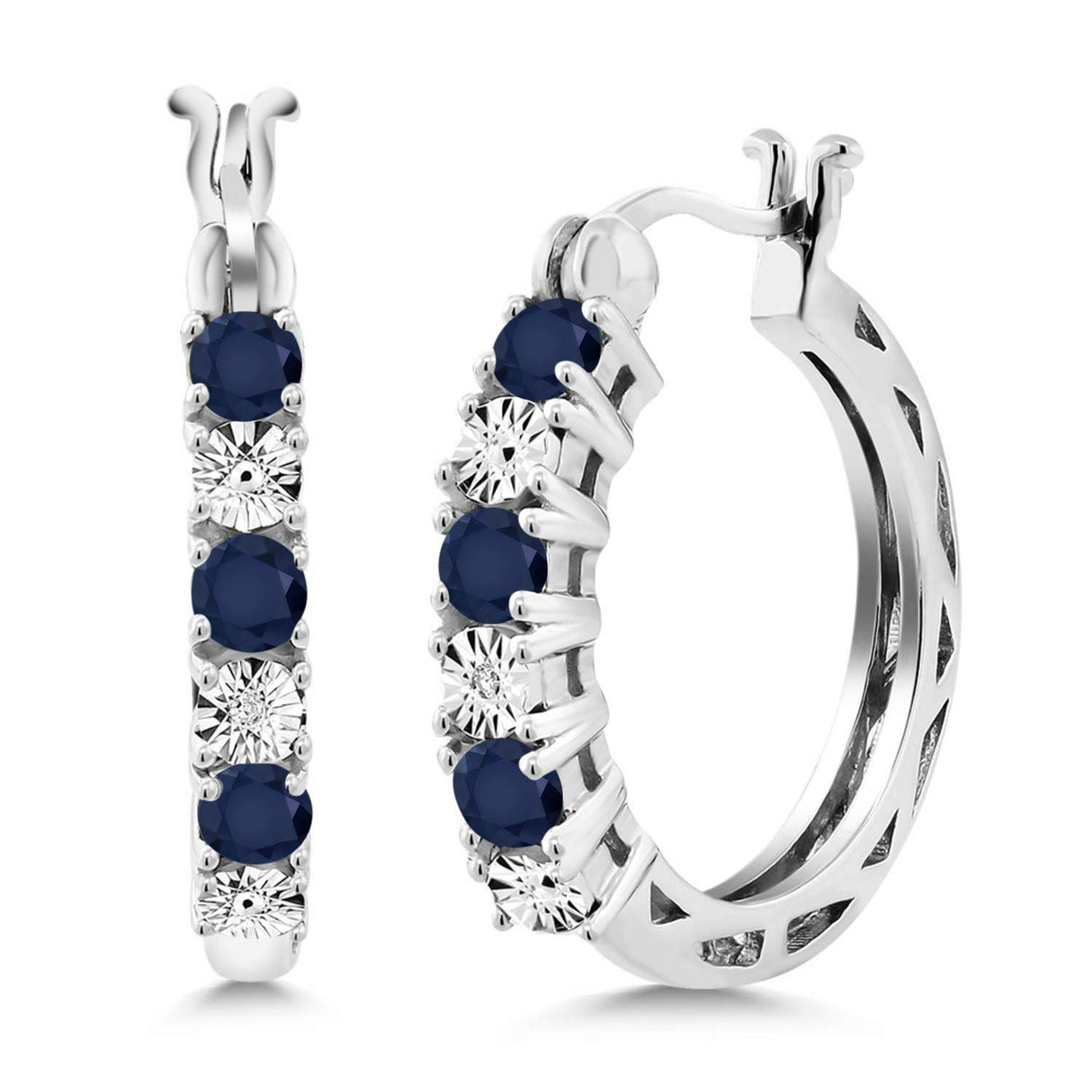 Gem Stone King 925 Silver Blue Sapphire and Lab Grown Diamond Hoop Earrings