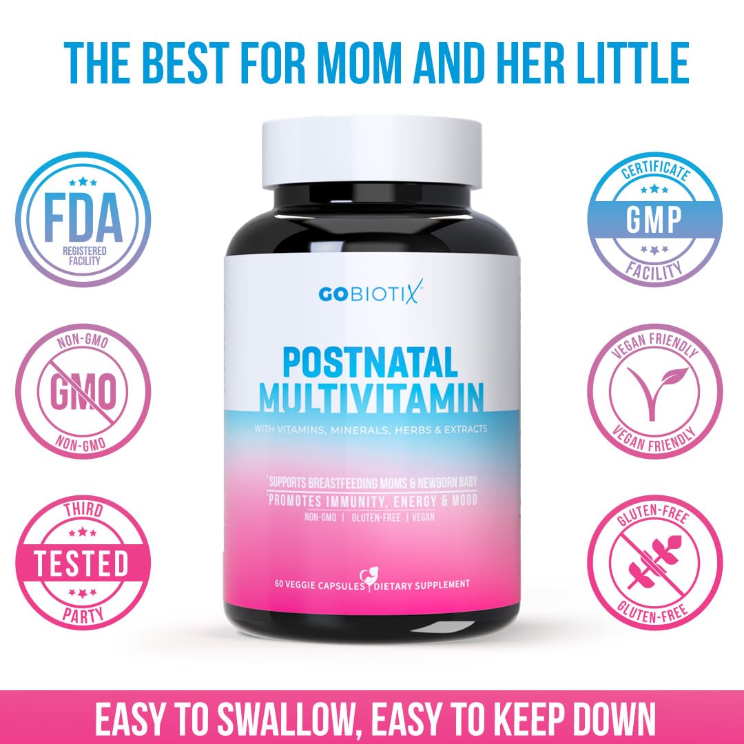 GOBIOTIX Postpartum Vitamins for Breastfeeding Moms - Postnatal Lactation Supplement with Organic Herbs, Minerals, Nutrients for New Mothers and Baby - Postpartum Essentials, Non GMO, Vegan, 60 Caps