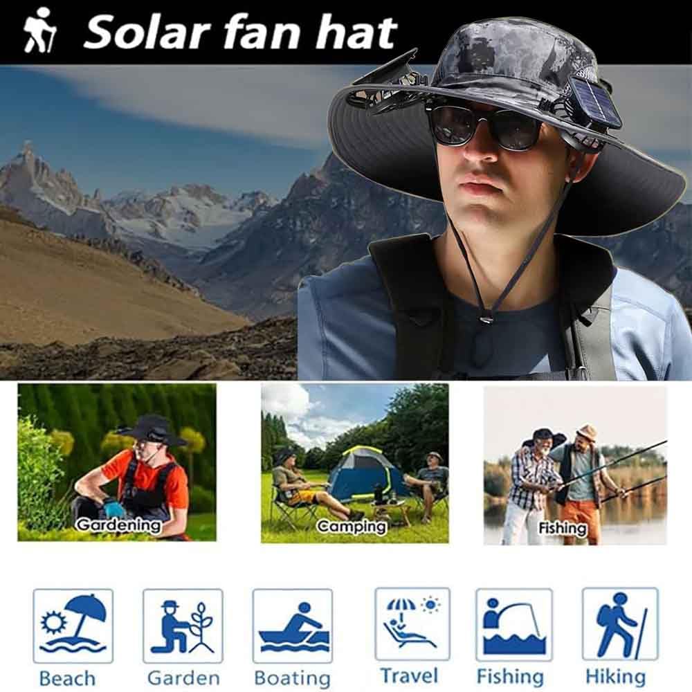 Solar Fan Hat, Wide-Brimmed Sun Hat with 2 Fans, Solar + USB Powered, Adjustable Angle, for Men and Women Fishing and Beach (US, Alpha, One Size, Khaki)