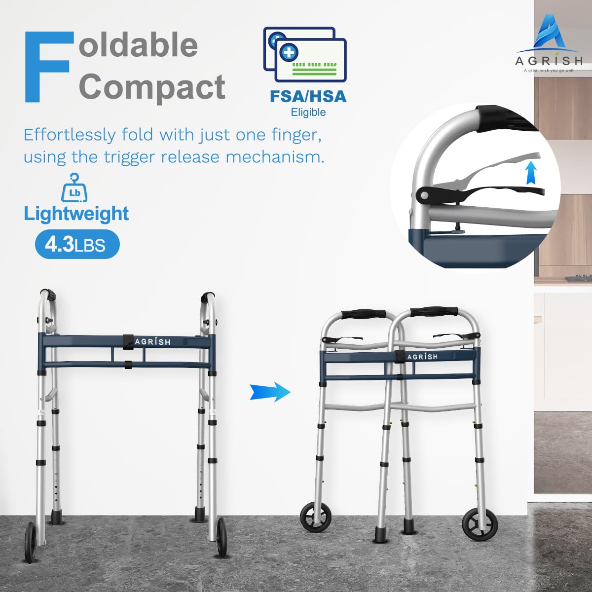 Agrish Narrow Walkers with Storage Bag - FSA/HSA Eligible Width Height Adjustable Walker, Lightweight Folding Walkers for Seniors Handicapped & Disabled, Up to 350 lbs