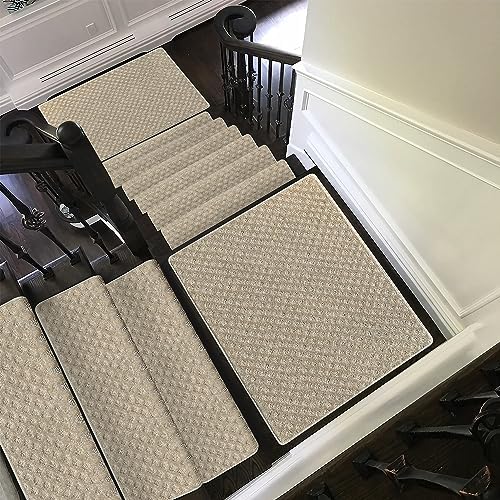 PURE ERA Bullnose Carpet Stair Treads Tape Free Non-Slip Indoor Stair Protectors Pet Friendly Stair Treads for Wooden Steps 9.5" x 30"(14 Pieces,Cream Gray Mini-Diamond Trellis)
