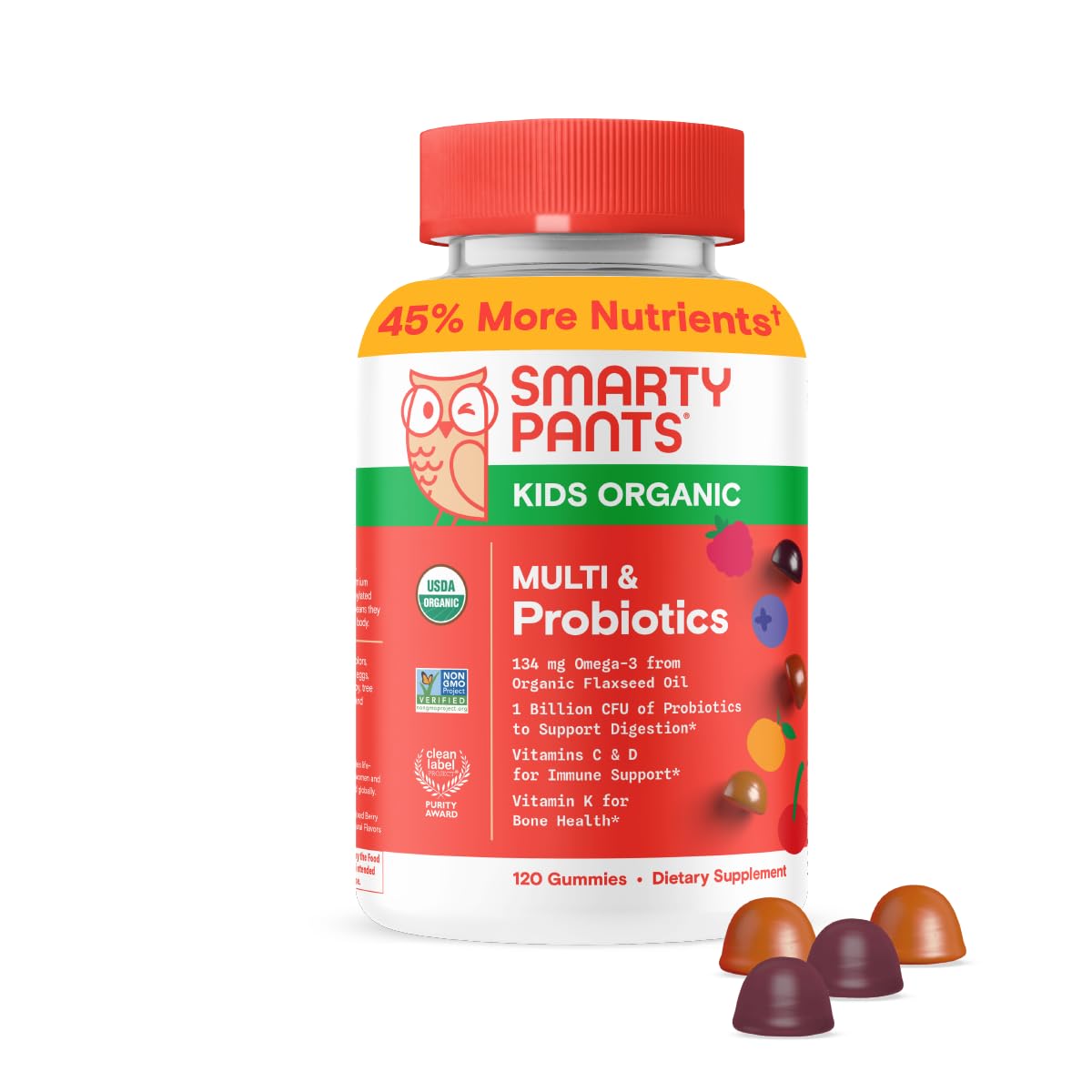 SmartyPants Organic Kids Multivitamin Gummies: Probiotics, Omega 3 (ALA), Vitamin D3, C, Vitamin B12, B6, A, K & Zinc for Immune Support, Biotin, Three Fruit Flavors, 120 Count (30 Day Supply)