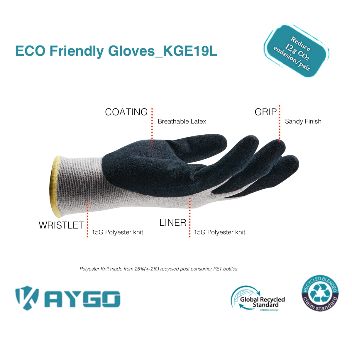 KAYGO Work Gloves for Women KGE19L Eco Friendly Gloves with Breathable Rubber Coated, 12 Pairs,medium,grey