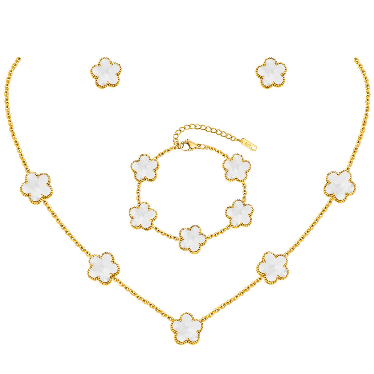 Gold Necklaces Bracelets Earring Set - 18K Gold Plated Flower Bracelet Chain,Stainless Steel Non Tarnish Floral Pendant Stud Jewelry Sets,Christmas Birthday Lucky Gift for Mom Wife Daughter Girlfriend