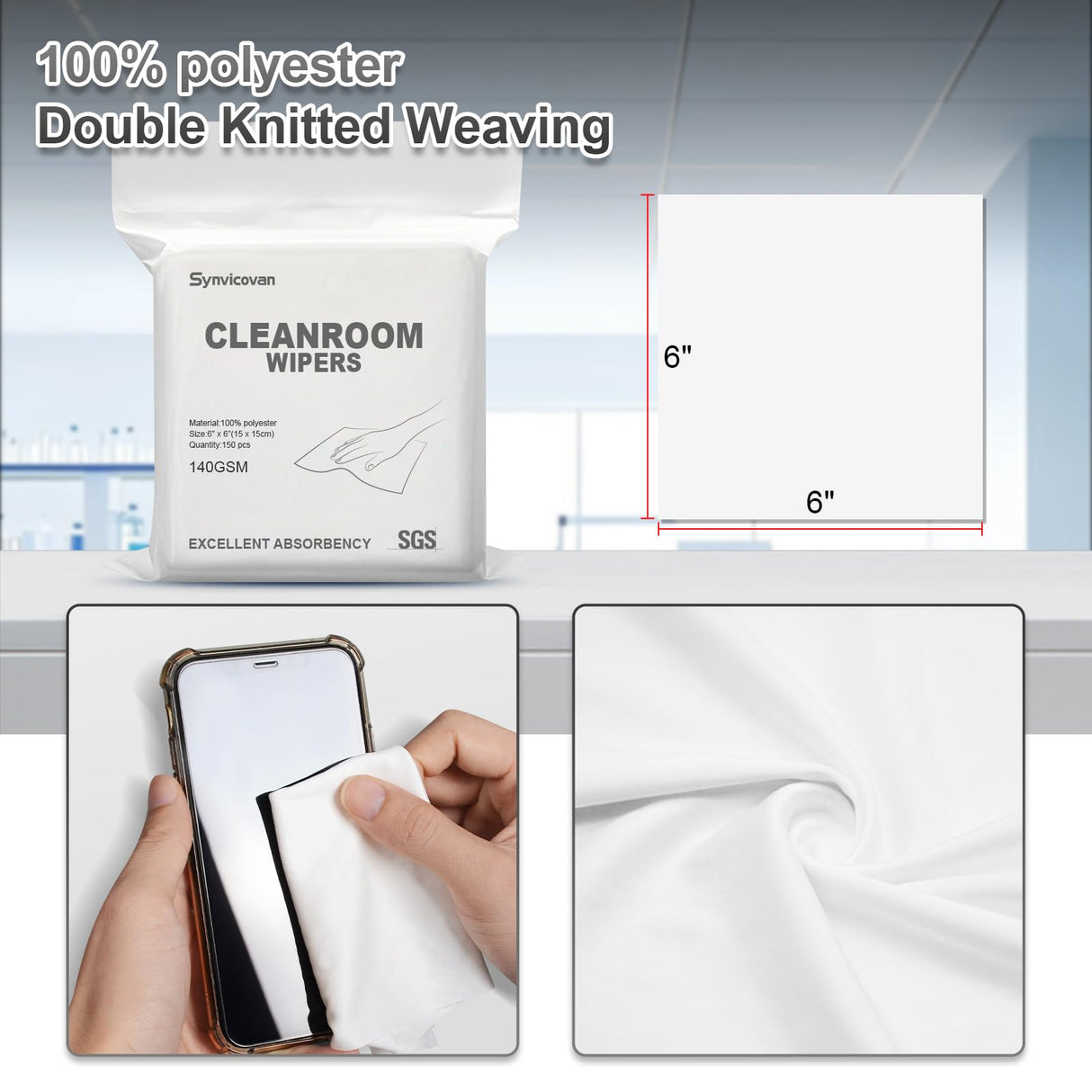 Cleanroom Wipers 6"x6"(150 Pcs, 100% Polyester, Class 100, 140GSM) Double Knit 100% Lint Free Cloths with Ultra-fine Filaments, Laser Sealed Edge Ultra-Soft Wipers