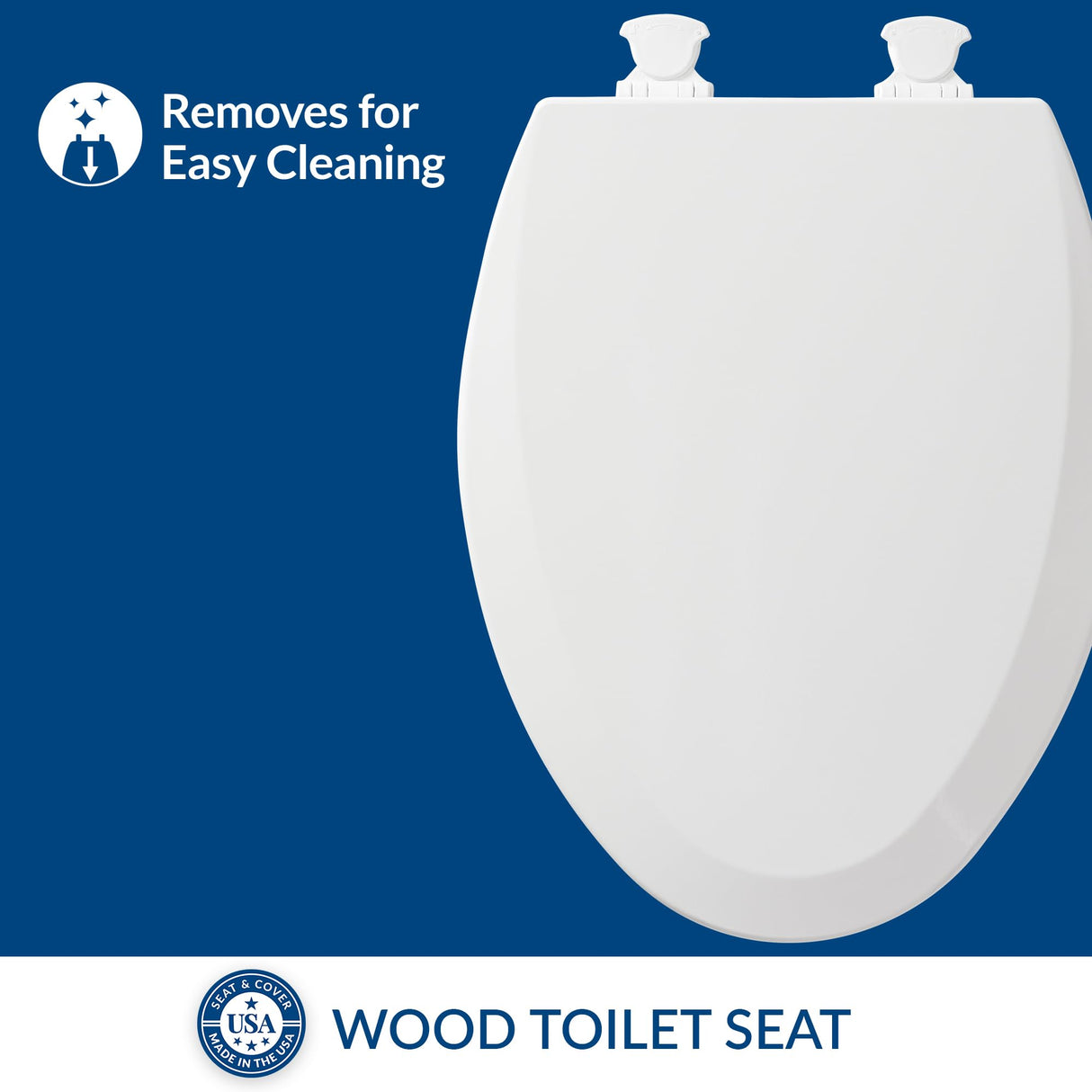 Bemis 1500EC Durable Wooden Toilet Seat, Easy Clean Hinges, Made in USA, Elongated, White