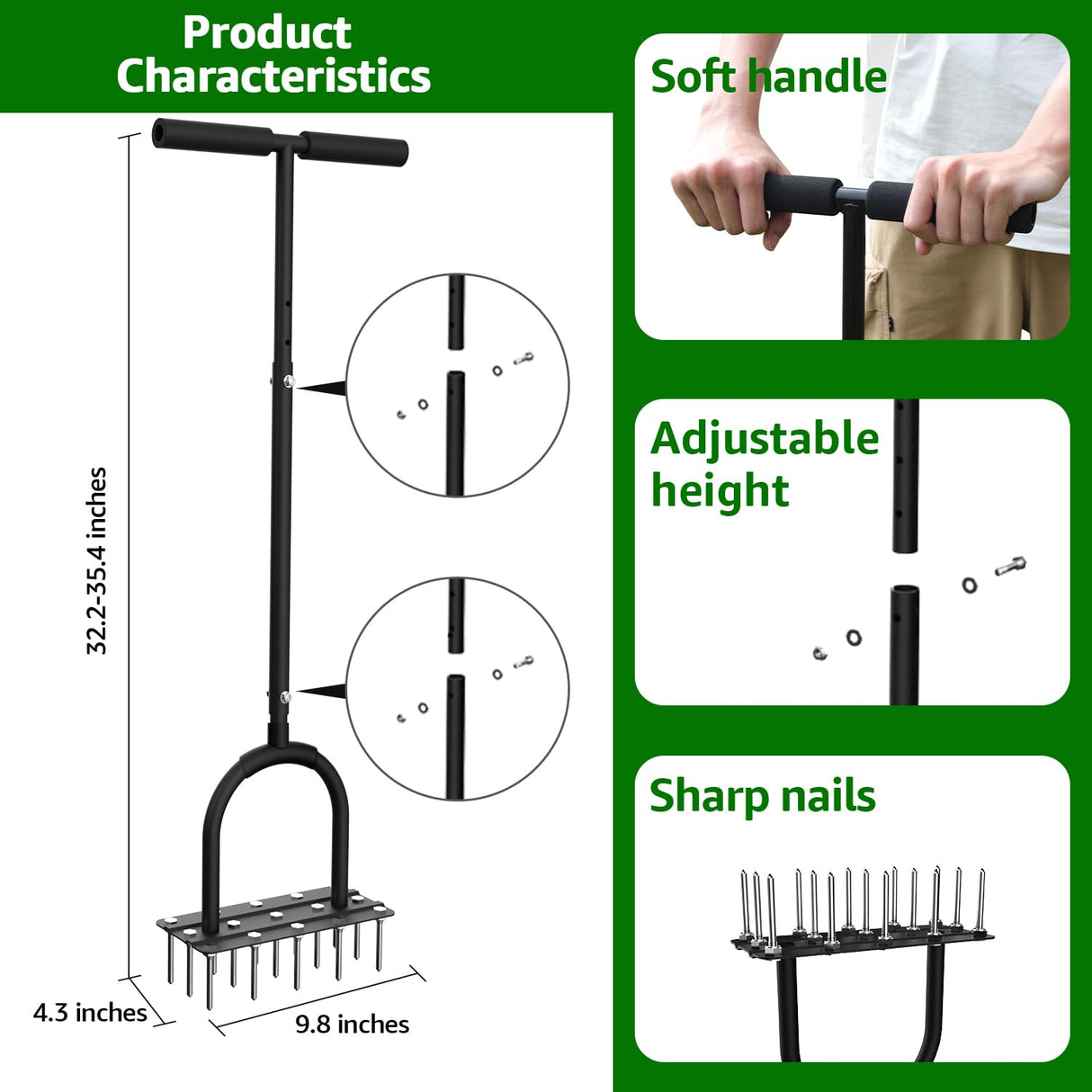Aerator Lawn Tool Lawn Aerator -Heavy Duty Manual Grass Aerator with 15 Iron Spikes, Height Adjustable, Yard Aerator Tool for Lawn(Black)