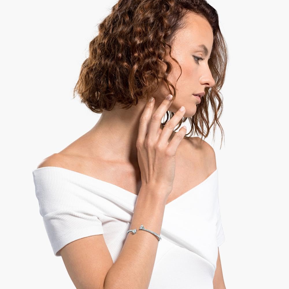 Swarovski Mesmera Bangle Bracelet, Heart-Shaped Clear Crystals on a Rhodium Finish Cuff, Size M, from the Attract Soul Collection