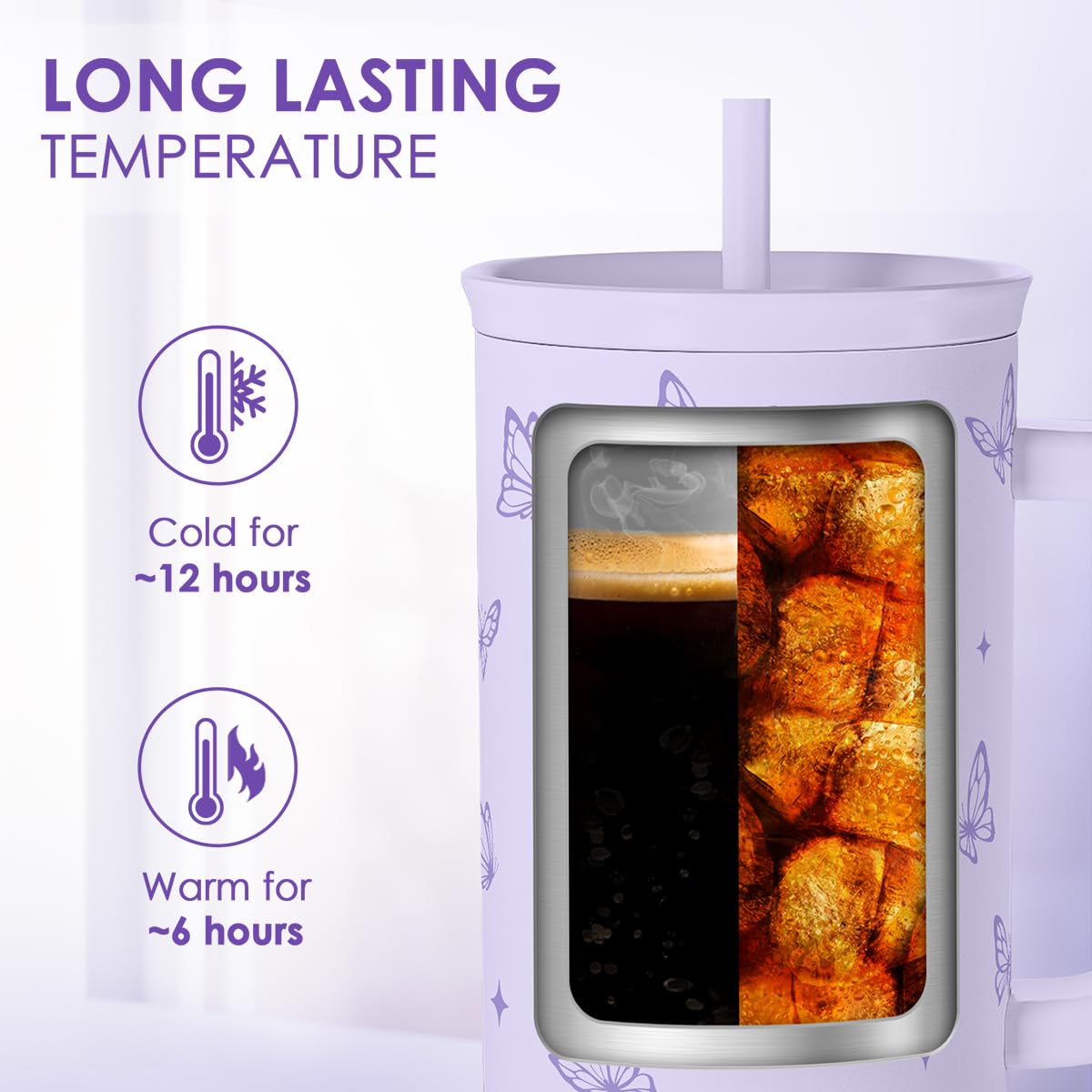 SANDJEST Butterfly Gifts for Women, Purple Butterfly Tumbler with Handle, Stainless Steel Insulated Coffee Travel Mug Cup, Gifts for Women Girls on Birthday Christmas, 40oz