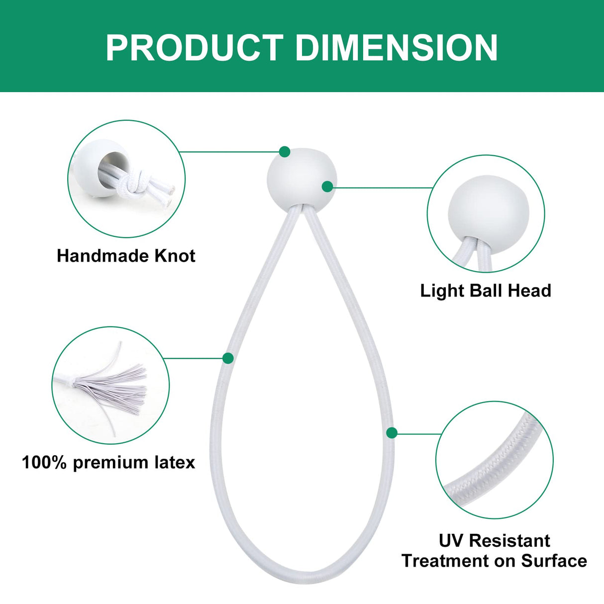 50PCS White Ball Bungee Cords, 6 Inch Heavy Duty Outdoor Bungee Cord with Balls, Tarp Tie Down Bungee Balls for Shelter, Camping, Cargo,Tent Poles UV Resistant(Ball Size 1 inch)