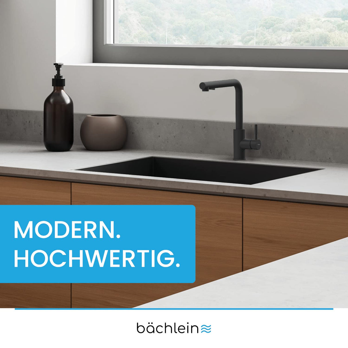 Bächlein 360 Degree Rotating Kitchen Mixer (Matte Black) - Stainless Steel Single Lever Sink Mixer with Extendable Hose and Switch Shower, Water Faucet
