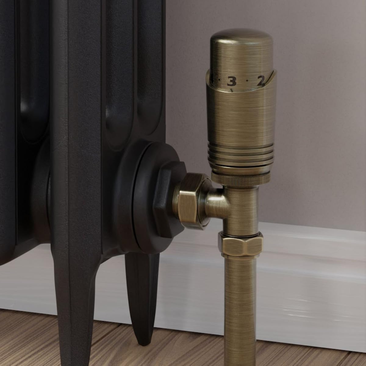 Sandy Beach Antique Brass Radiator Valves - Straight with Lockshield (15mm)