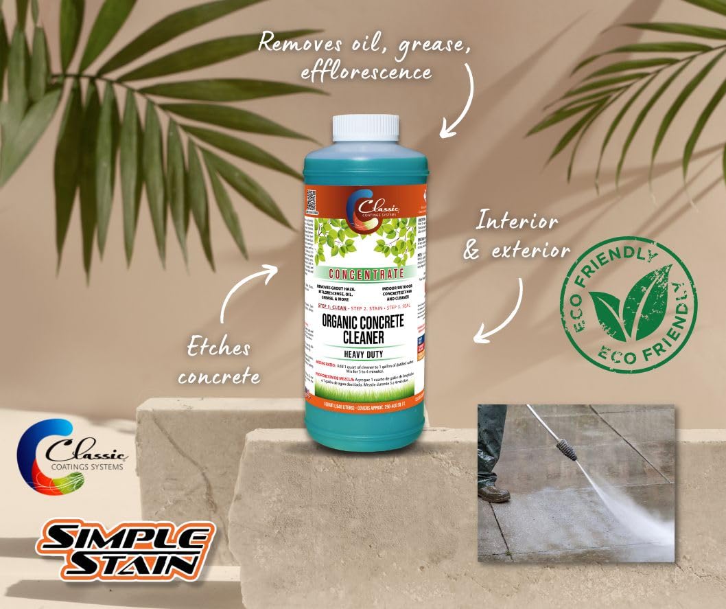 Classic Coatings | Eco Concrete Cleaner Concentrate | Indoor/Outdoor | Environmentally Safe, Non-Toxic, Easy to Use | Cleans Concrete, Driveways, Garage Floors, Stone, Bricks & More | (1-Quart)
