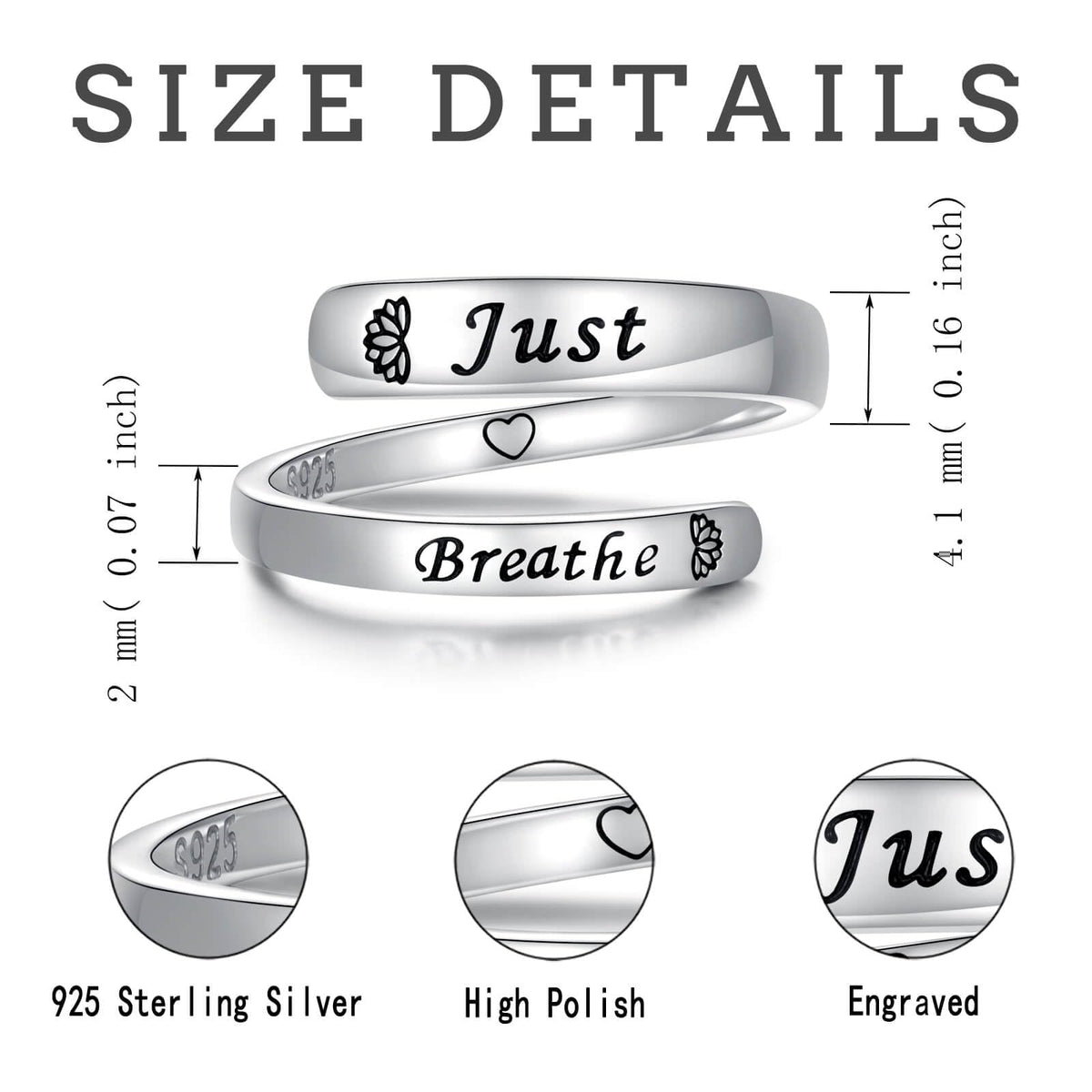 oGoodsunj Sterling Silver Just Breathe Ring for Women: Inspirational Encouragement Rings Adjustable I Am Fearless Motivational Jewelry Gift (Just Breathe)