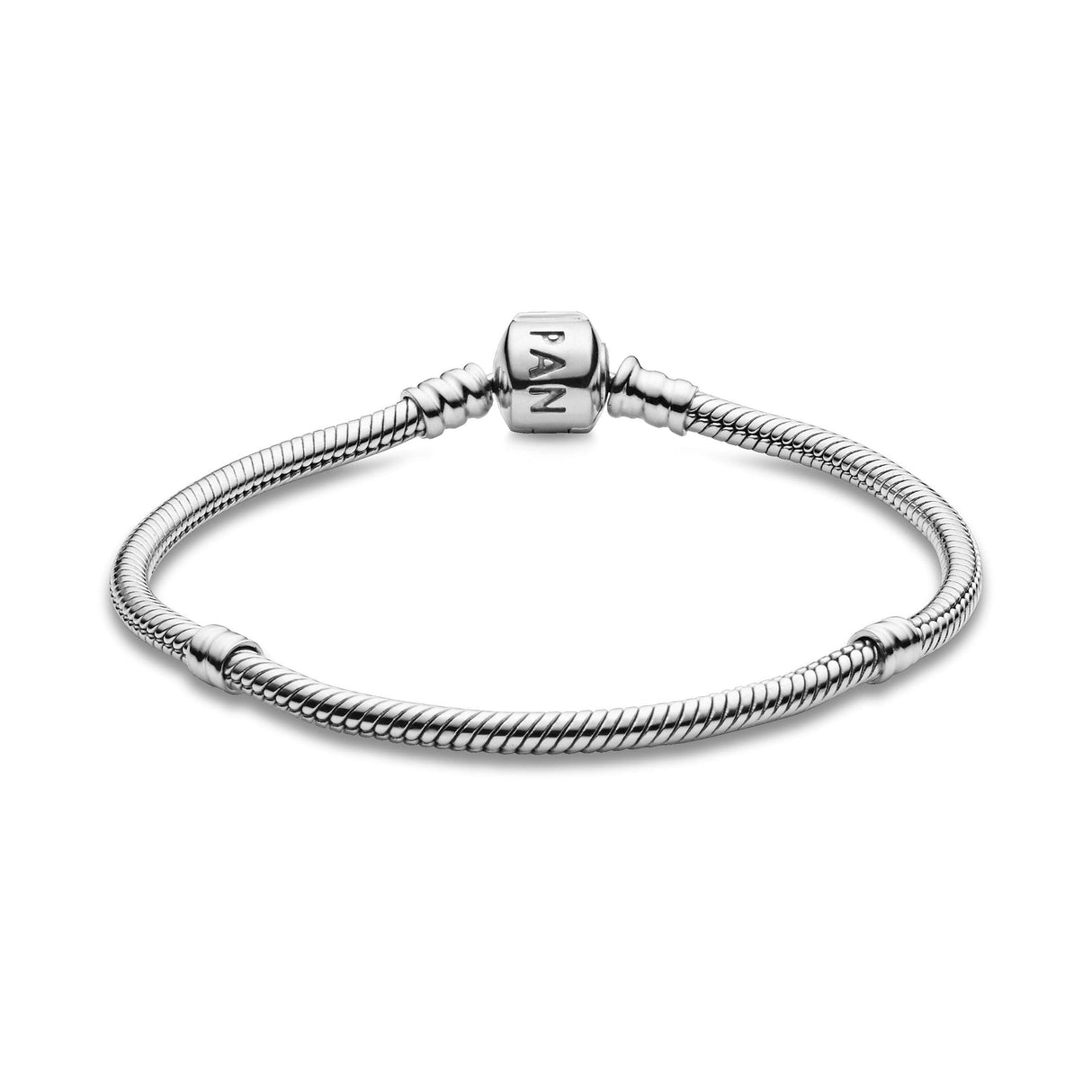 PANDORA Moments Logo Barrel Clasp Snake Chain Bracelet - Compatible Moments Charms - Sterling Silver Bracelet for Women - Gift for Her - 7.9"