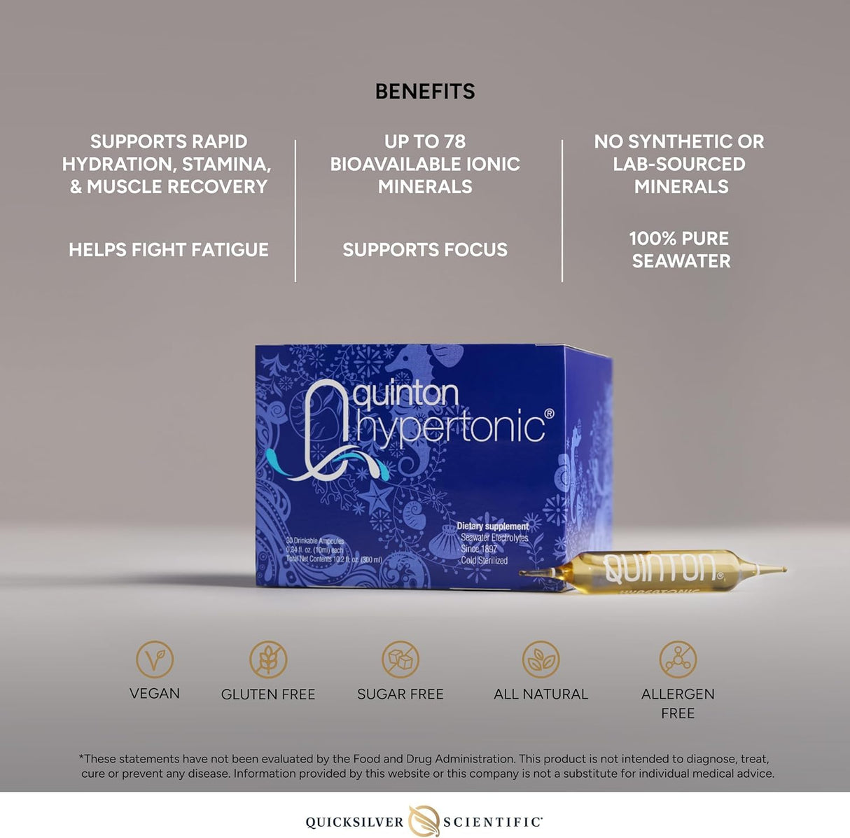 Quicksilver Scientific Original Quinton Hypertonic Solution - Sea Water Hydration - Liquid Minerals with Electrolytes for Muscle Recovery, Stamina+Mineral Replenishment (30 Single Serving Glass Vials)