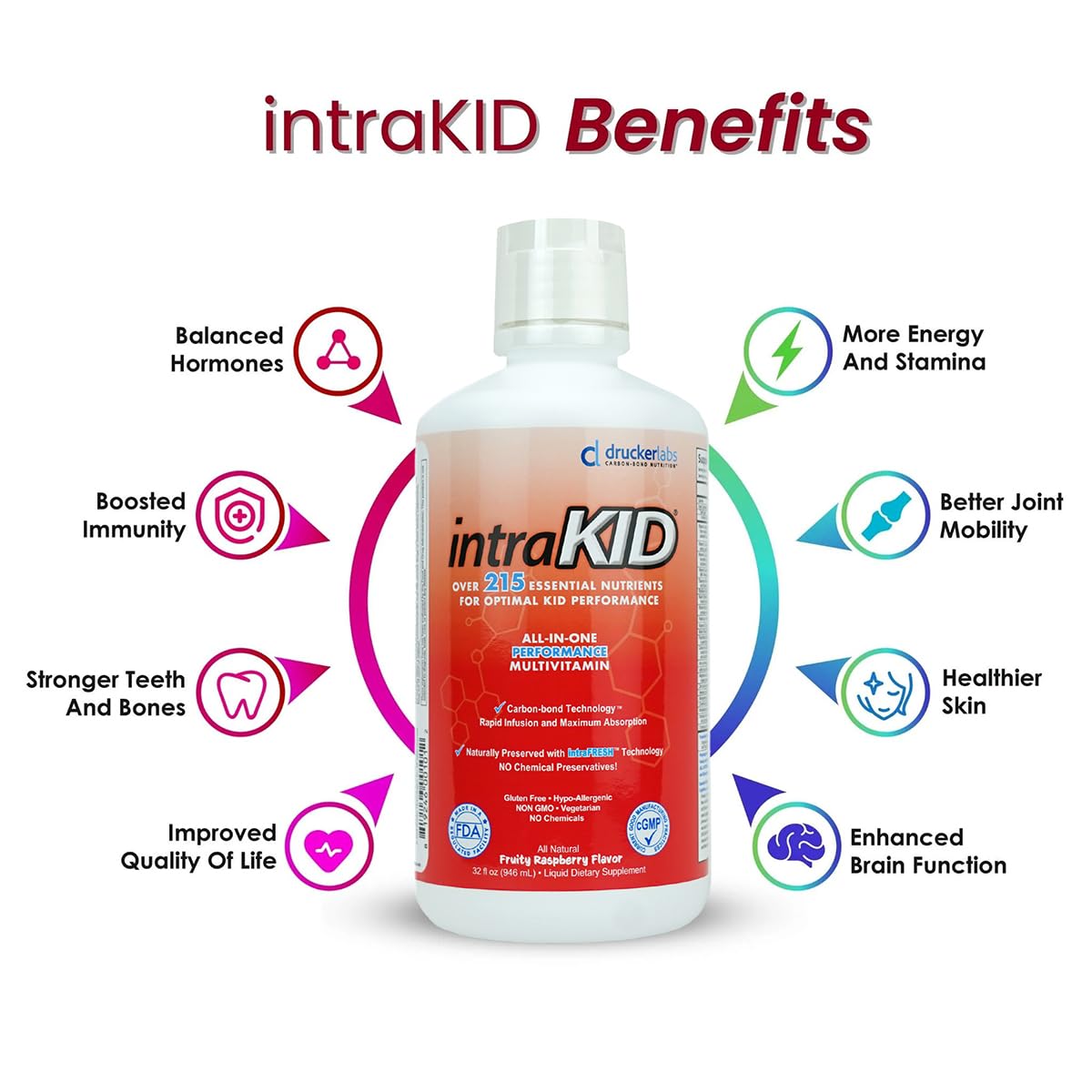 intraKID Drucker Labs Organic Liquid Multivitamin for Kids, Immune Support, Non GMO, Dairy Free, Gluten Free, Magnesium, Vitamin A,C,E, Zinc, (32 oz., Fruity Raspberry)