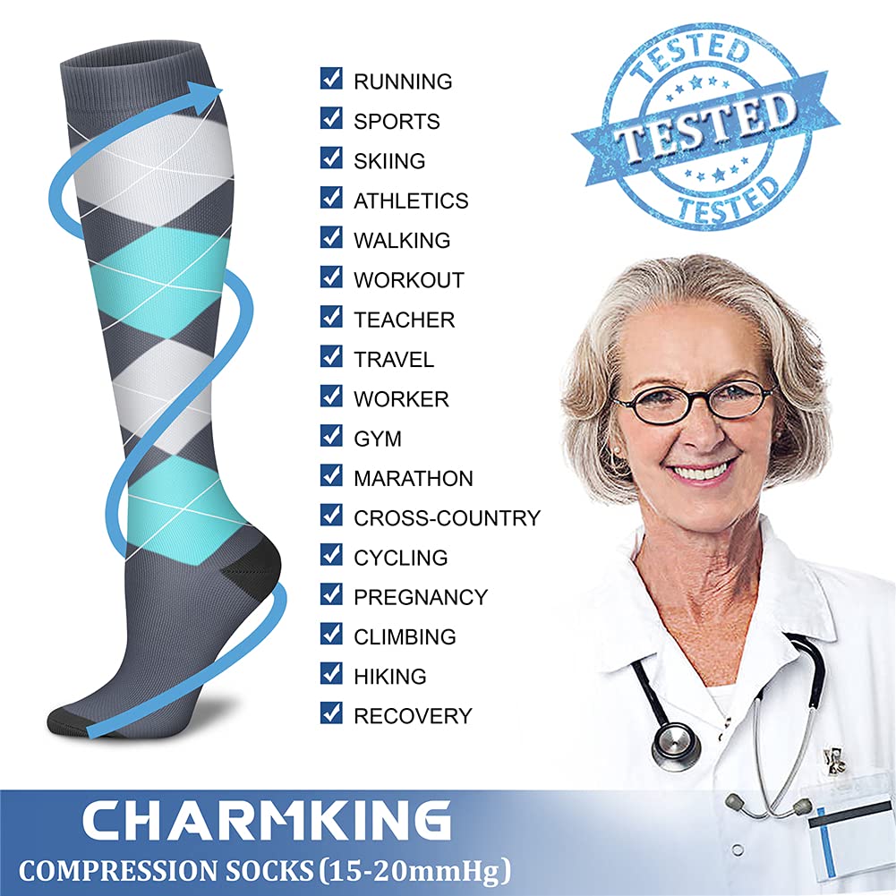 CHARMKING Compression Socks for Women & Men (8 Pairs) 15-20 mmHg Graduated Copper Support Socks are Best for Pregnant, Nurses - Boost Performance, Circulation, Knee High & Wide Calf (L/XL, Multi 42)