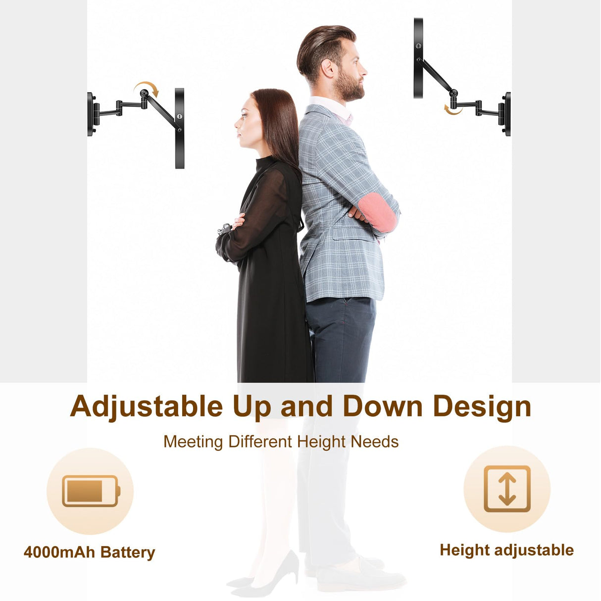 9" Wall Mounted Lighted Makeup Mirror,4000mAh Rechargeable Double Sided 1X/10X Magnifying Mirror with Light,Touch Dimmable,Extended Arm 360 Rotation Wall Mounted Makeup Mirror 3 Color Lights-Black