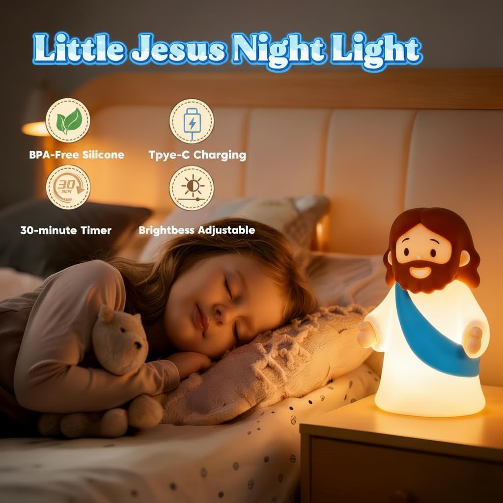 magical JD Jesus Night Light for Kids – Soft Silicone Touch Lamp, Touch Dimmable & USB Rechargeable, BPA-Free Christian Baptism Gift for Boys & Girls, Easter & Christmas Gift for Nursery (Blue)