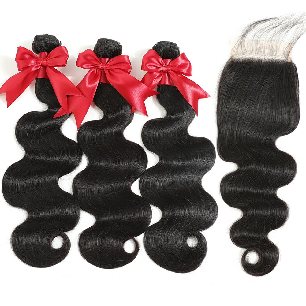 12A Human Hair Bundles with Closure 16 18 20 with 14 Inch Brazilian Body Wave Bundles Human Hair with Closure 100% Unprocessed Virgin Human Hair Weave 3 Bundles Deals with 4x4 HD Lace Closure