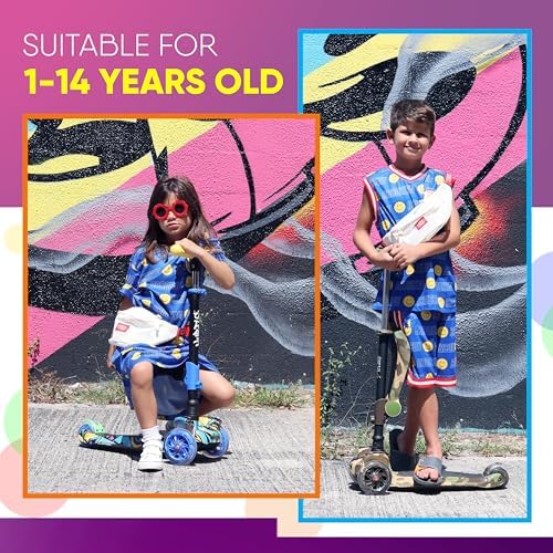 Hurtle 3-Wheeled Scooter for Kids - Wheel LED Lights, Adjustable Lean-to-Steer Handlebar, and Foldable Seat - Sit or Stand Ride with Brake for Boys and Girls Ages 1-14 Years Old