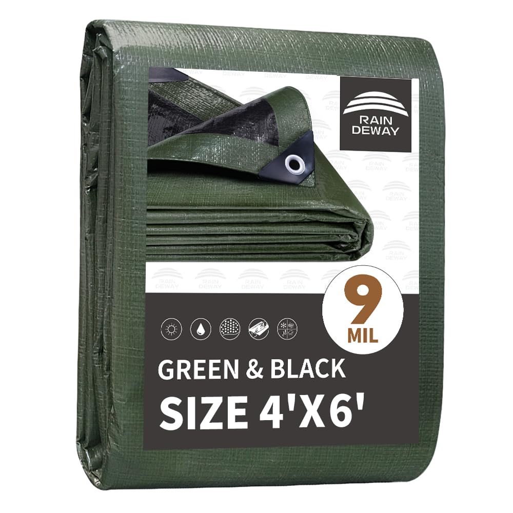 RAINDEWAY Small Tarps 4x6 Waterproof,Tarp Small,9Mil Thick Finished Size,Multipurpose Poly Tarp Cover with Metal Grommets and Reinforced Edges,Green/Black Tarpaulin