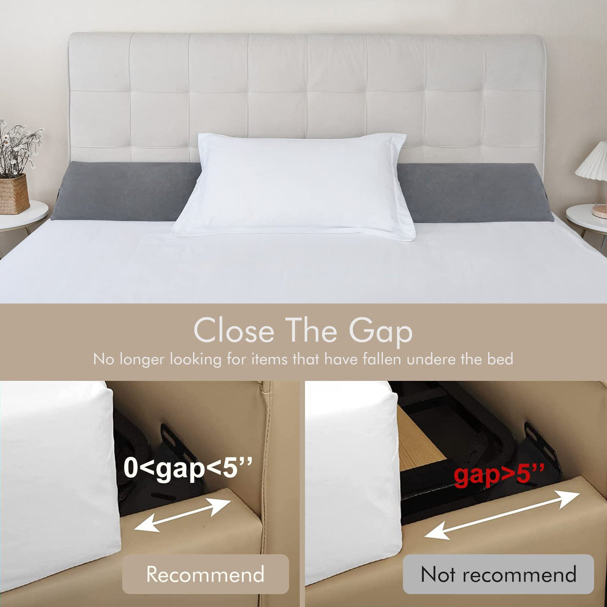 Vekkia Twin Bed Wedge Pillow for Headboard Gap Filler(0-5"),High-Density Foam,Prevents Pillows & Items from Falling,Ergonomic Design,Large Storage Pockets, Removable&Washable Cover,Gray,39''x10 x6