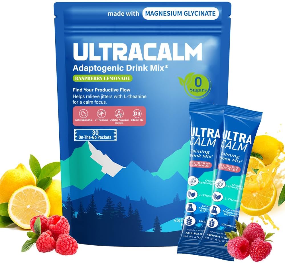 UltraCalm Super Cortisol Drink – Calm Magnesium Glycinate Powder – 30 Servings – L-theanine, Ashwagandha, Vitamin D – No Sugar – Raspberry Lemonade – Electrolytes Powder