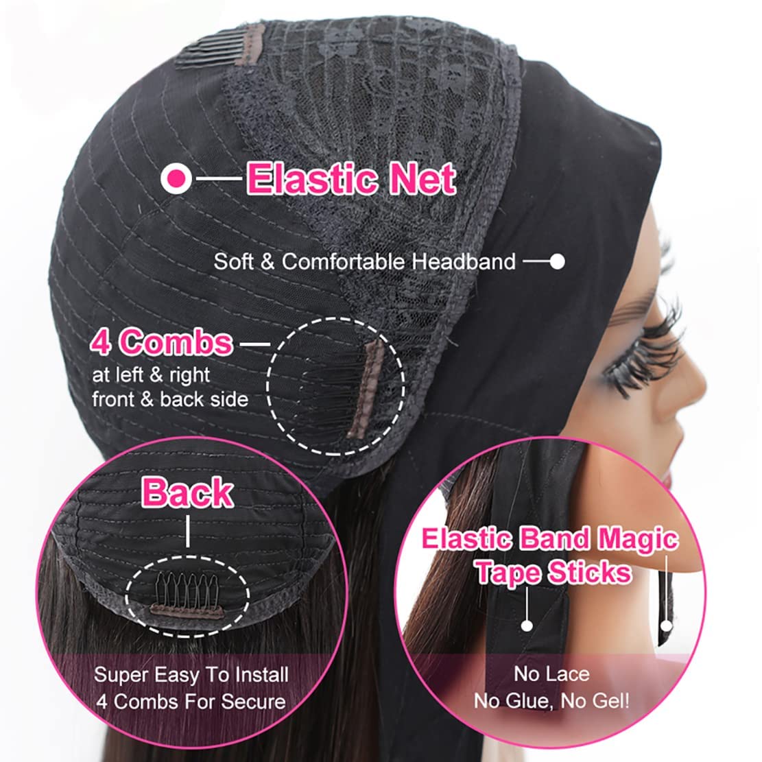 Lauberita Headband Wig Human Hair Wigs 18 Inch Wear and Go Glueless Wig Curly Deep Wave Headband Wig Natural Color