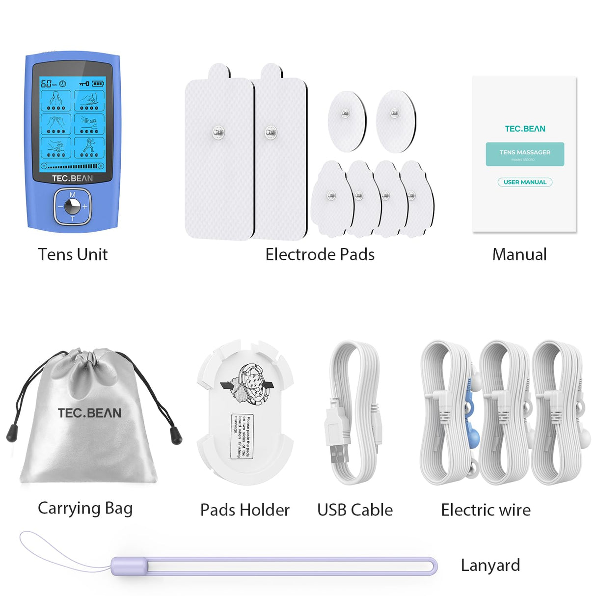 TEC.BEAN 24 Modes Tens Unit Muscle Stimulator, Rechargeable Tens Machine with 8 Electrode Pads (American Gel), Electric Pulse Massager for Pain Relief Therapy(Blue)