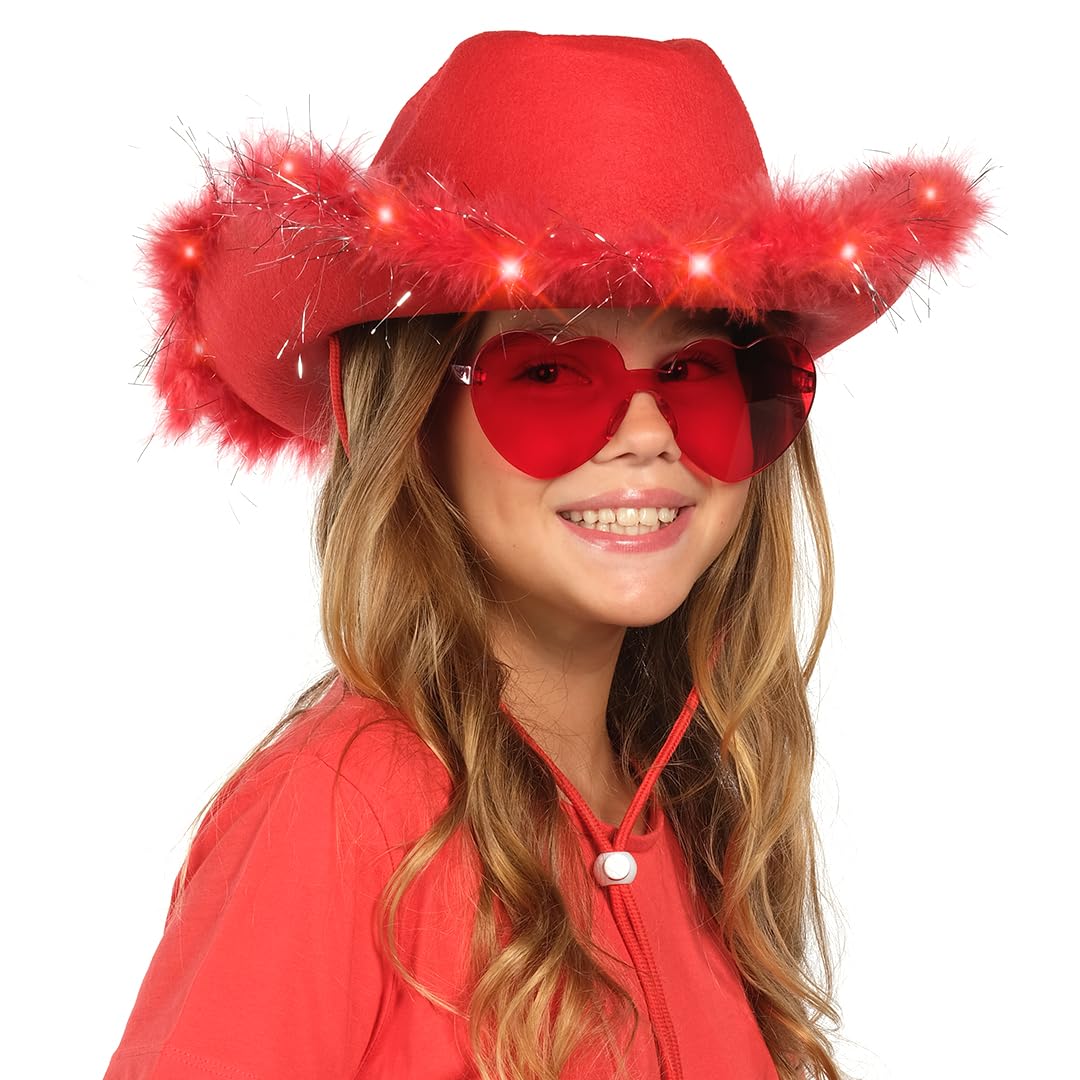 Funcredible Santa Light Up Cowboy Hat and Glasses - Christmas Cowgirl Hat - Feather Led Red Hats - Xmas Cowgirl Outfits for Women