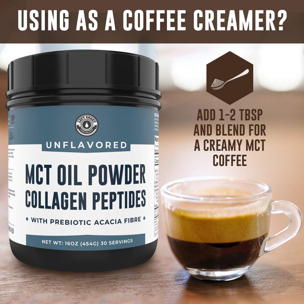 MCT Oil Powder with Acacia Fiber & Collagen Peptides – Prebiotic Collagen Protein, 10g MCTs from Coconuts, Sugar Free Keto Coffee Creamer – Grass Fed, Unflavored, Non-GMO, Gluten Free, 16 oz