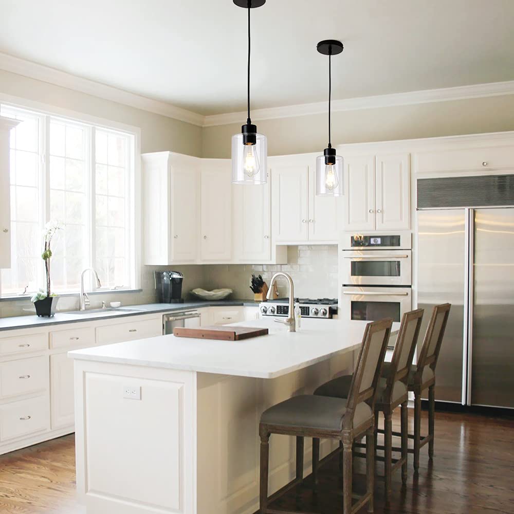 KLSS Modern Black Farmhouse Clear Glass Cylinder Pendant Light Fixture,Island Lights for Kitchen,Mini Pendant Lighting for Kitchen Island Decor - 4.75 Inch Shade 58 Inch Cord (Black 2 Pack)