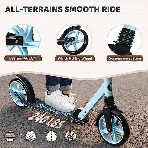 Kick Scooter for Ages 6+,Kid, Teens & Adults. Max Load 240 LBS. Foldable, Lightweight, 8IN Big Wheels for Kids, Teen and Adults, 4 Adjustable Levels. Bearing ABEC9