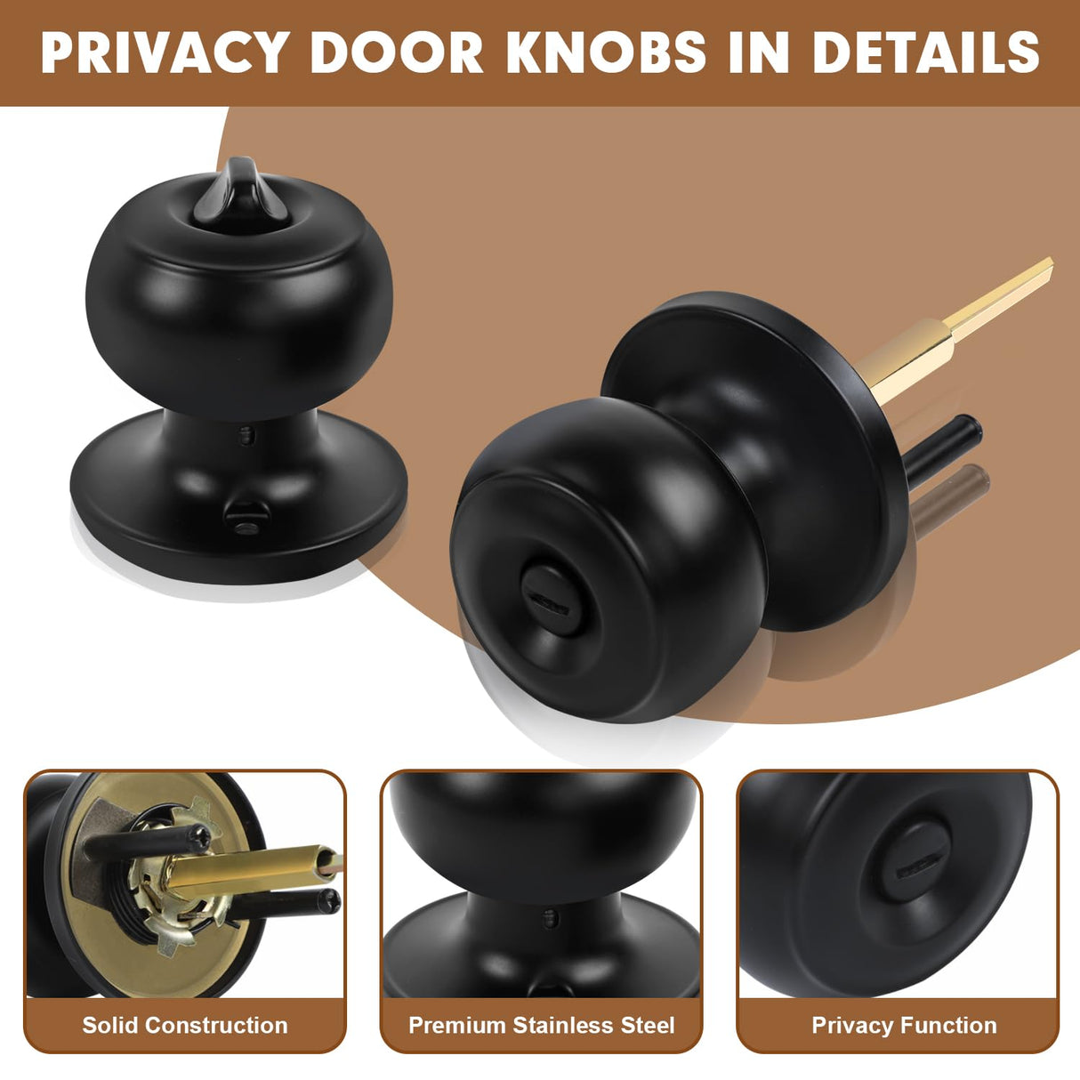 RAZCC Privacy Door Knobs, 10 Pack Matte Black Door Knobs with Lock, Bed and Bath Door Knob Interior Keyless Locksets, Round Door Handles Reversible for Left Right Handed Doors