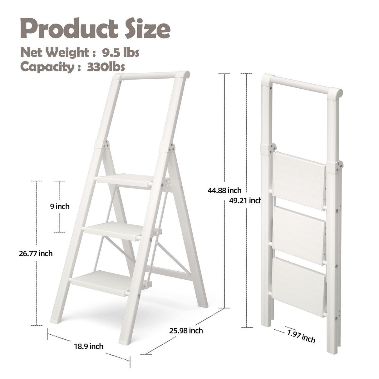 HillhutApex 3 Step Foldable Aluminum Step Ladder with Handgrip, Anti-Slip Pedal, 330 lbs Capacity, Lightweight & Portable for Home, Kitchen, Office, Garage (White)
