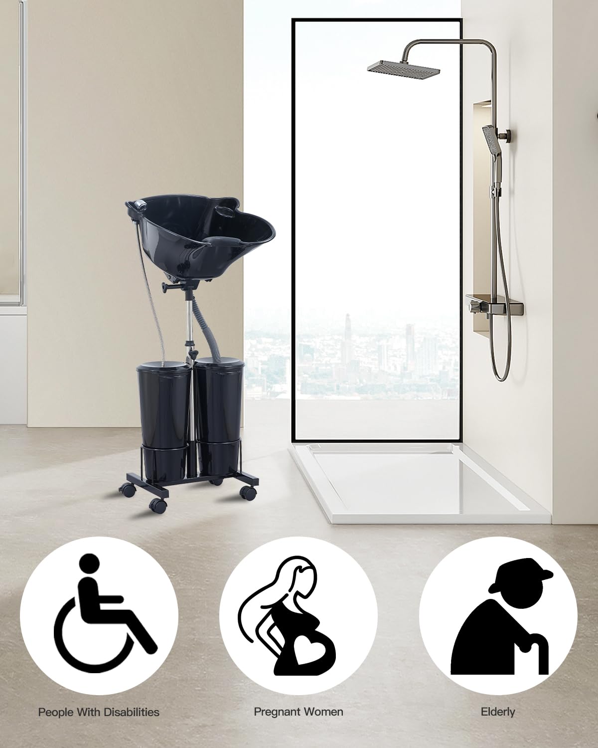 Electric Portable Shampoo Bowl Hair Washing Station, Hair Washing Tray for Sink at Home, Portable Salon Sink Wash Basin for Hairstylist (Black, with 2 Bucket)