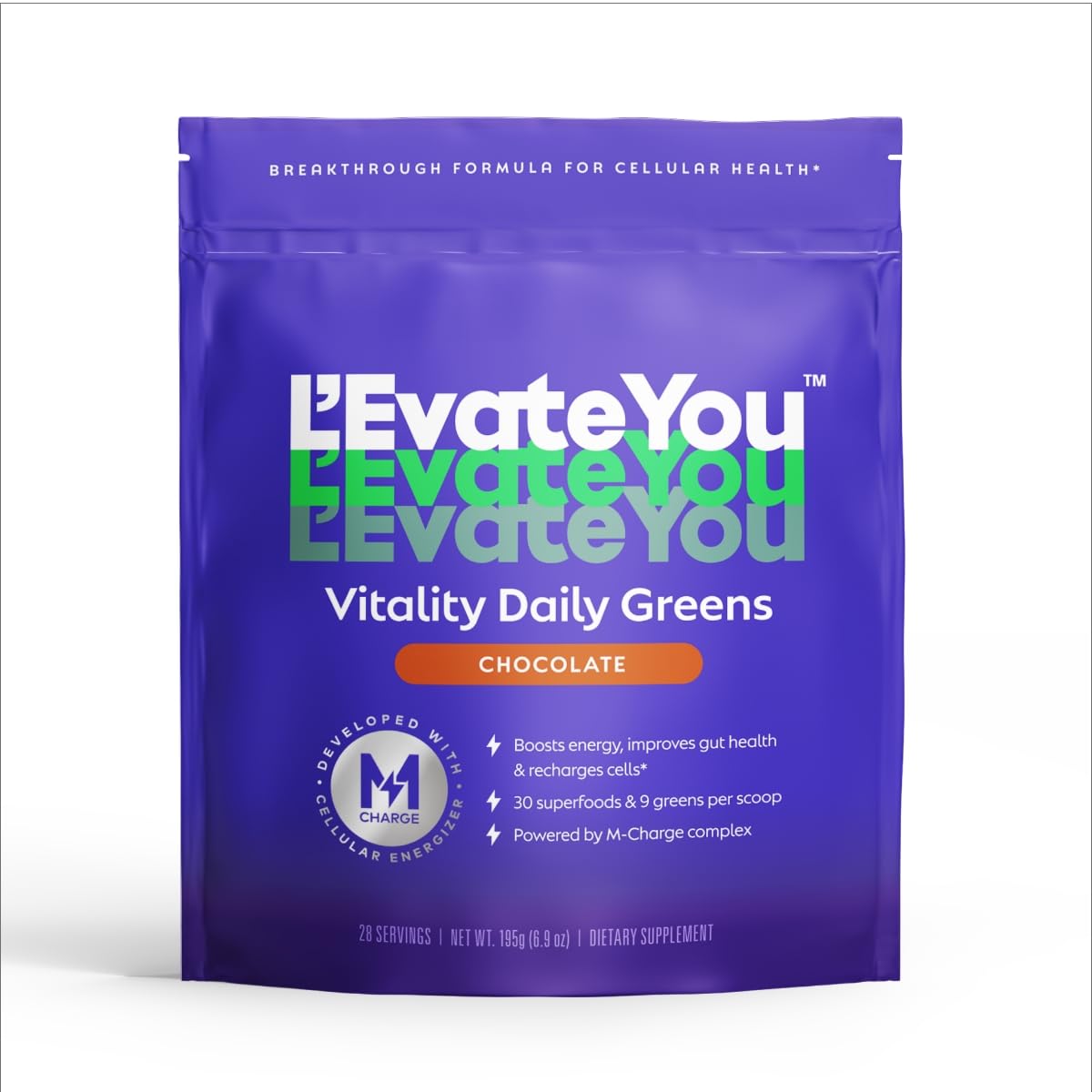 L'Evate You Vitality Daily Greens Powder (28 Servings) 30 Superfoods, 9 Greens - for a Cellular Energy Boost, Powered by M-Charge Complex for All Day Energy (Chocolate)