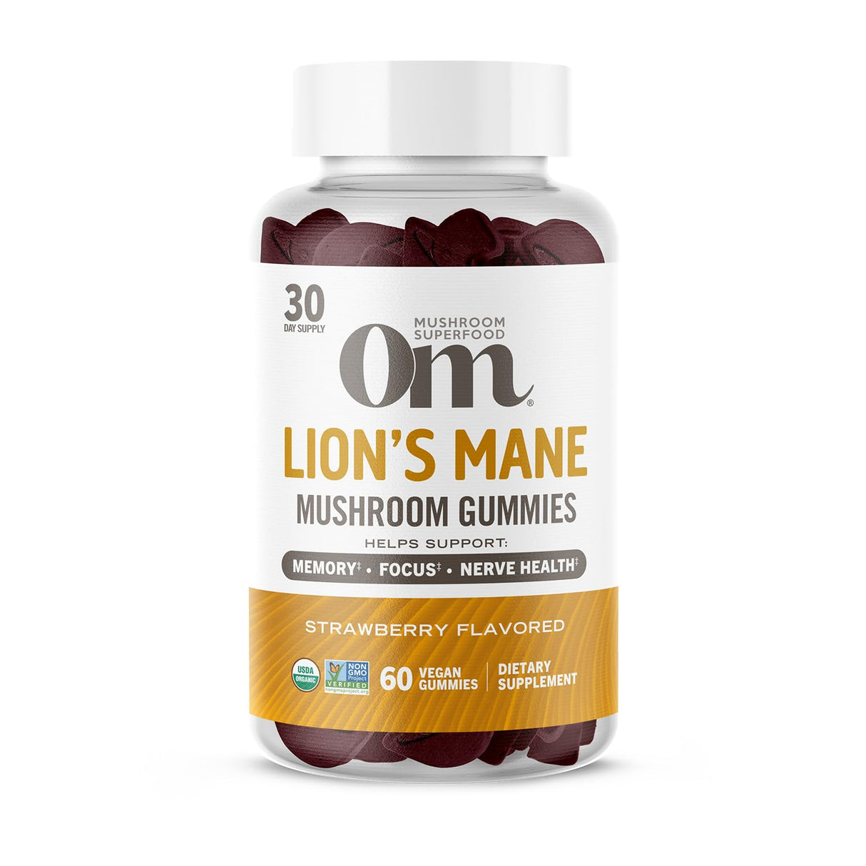 OM Mushroom Superfood Lion's Mane Gummies, 60 Count, 30 Servings, USA Grown Organic Mushrooms, Organic Nootropic Gummies for Memory, Focus and Mood