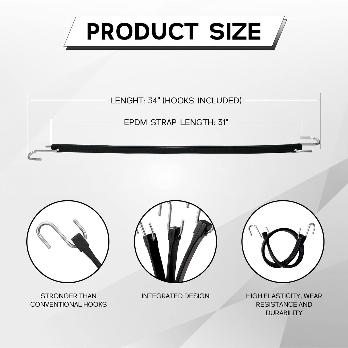 ROBLOCK 31" Rubber Tarp Straps with 150% Max Stretch, 100% EPDM Bungee Cords with Metal Crimped S Hooks, Ideal for Securing Tarps, Cargo, Canvases, Weatherproof (10 Pack)