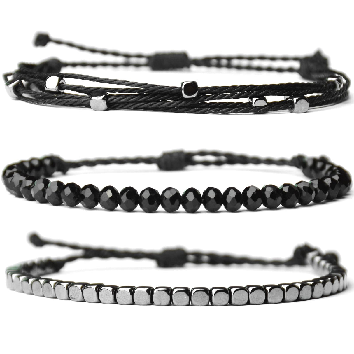 Mezcla Vida 3 Pcs Handmade Women's Stackable Bracelet Set, Adjustable Rope Bracelets Bracelets with Hematite and Glass Beads (black)