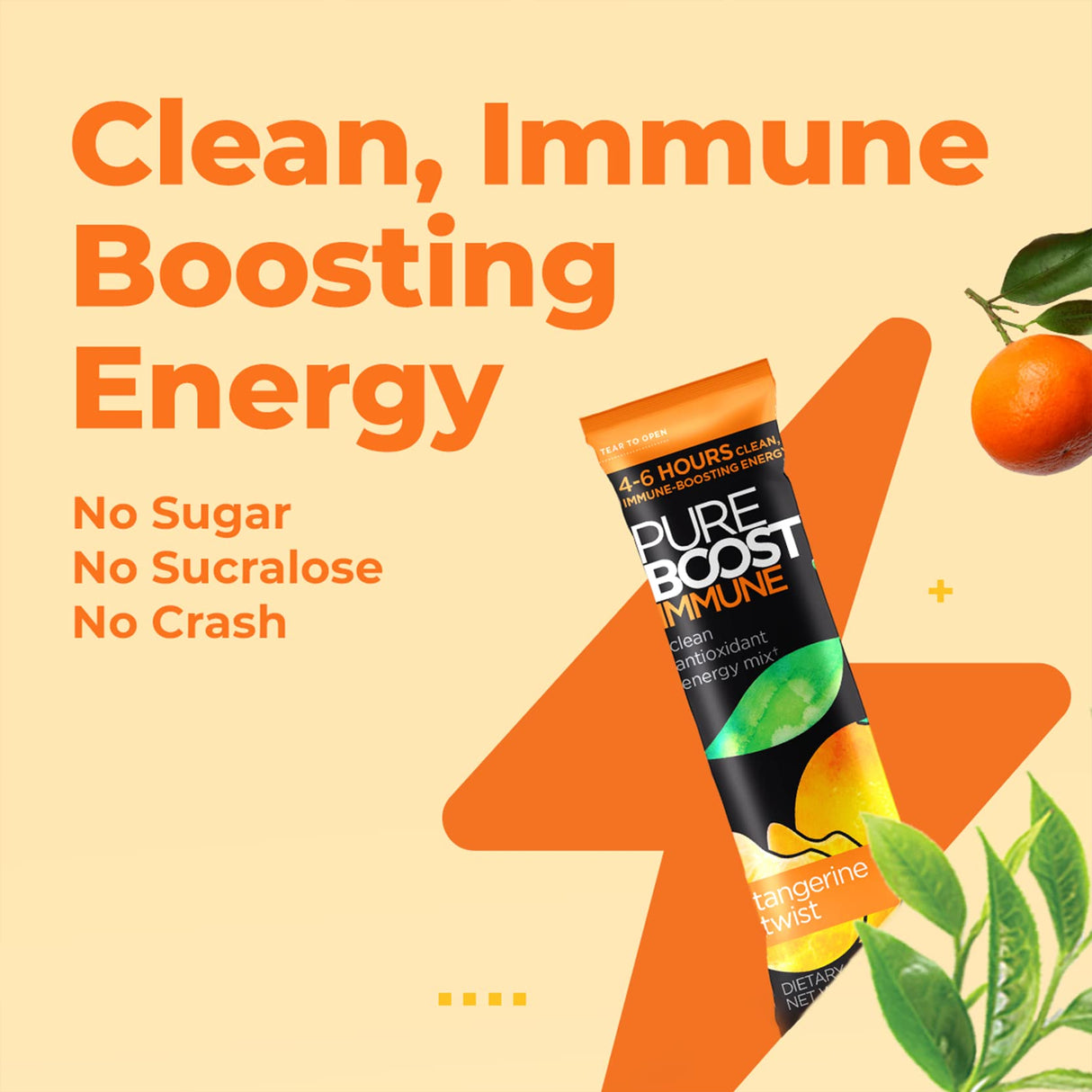 Pureboost Immune Clean Energy Booster, Refreshing Energy Drink Mix and Immunity Supplement with Elderberry, 1,200 mg Vitamin C, Vitamins A + D, and Zinc. (Tangerine Twist, 30 Count)
