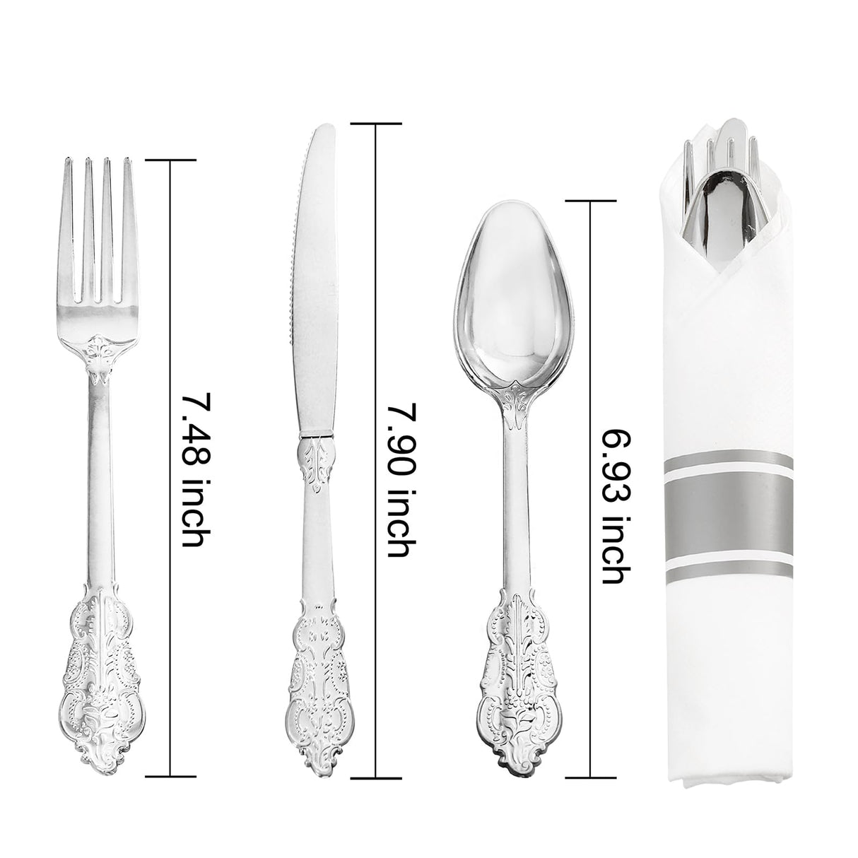 Liacere 400PCS Silver Plastic Silverware - Pre Rolled Napkins Disposable Silver Cutlery-Premium Quality Gold Plastic Utensils - Includes 100Forks,100Knives,100Spoons,100Napkins&Christmas