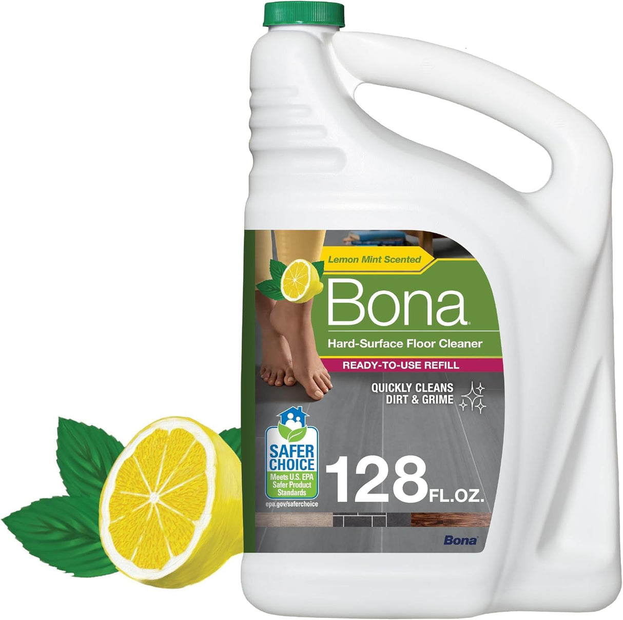 Bona Multi-Surface Floor Cleaner Refill - 128 fl oz - Lemon Mint - Residue-Free Floor Cleaning Solution refill for Spray Mop and Spray Bottles - For Use on Stone, Tile, Laminate, and Vinyl Floors