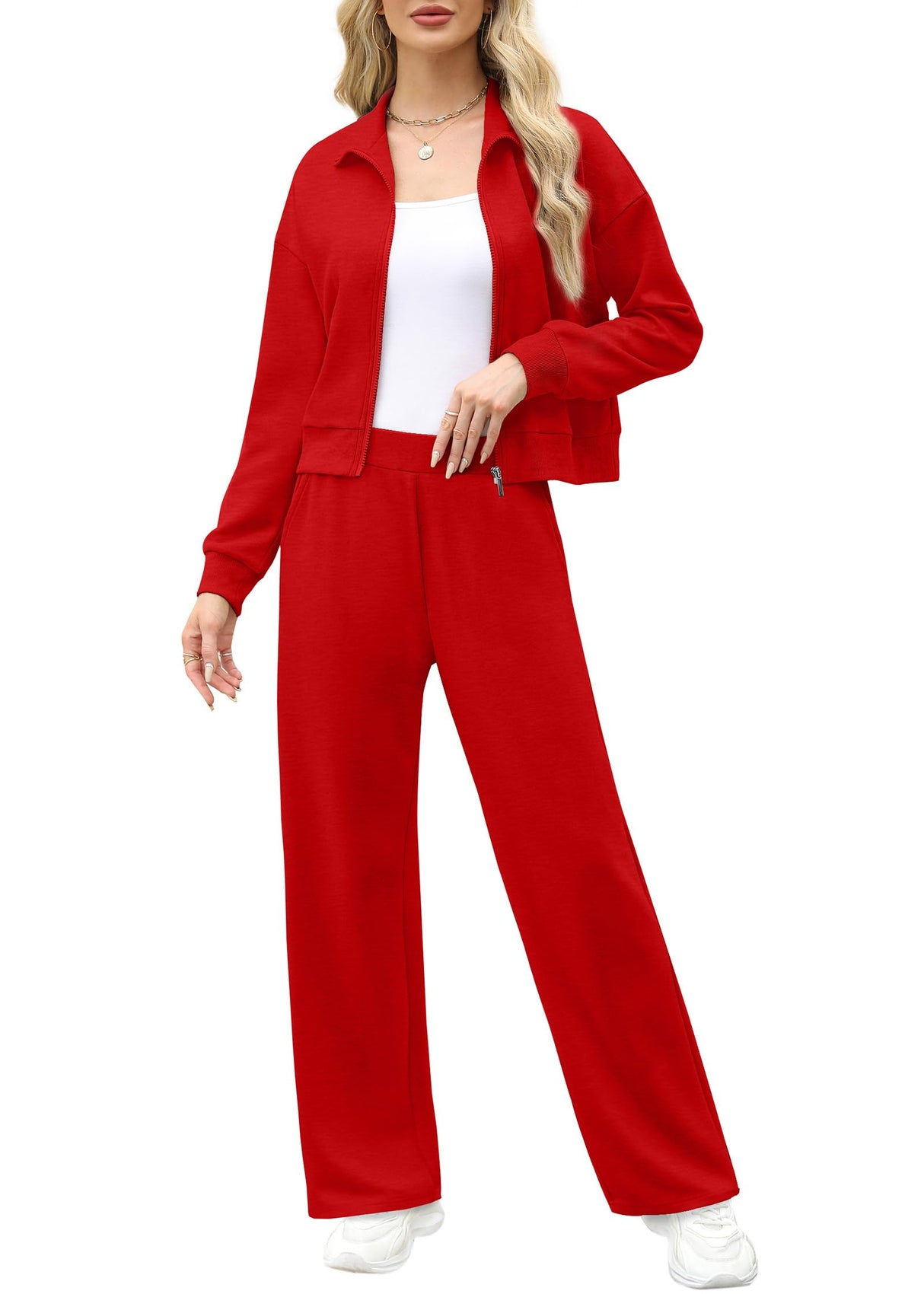 XIEERDUO Christmas Outfits for Women 2025 Red Zipper 2 Piece Womens Loungewear Set Sweatsuit Sweatshirt Tracksuit M