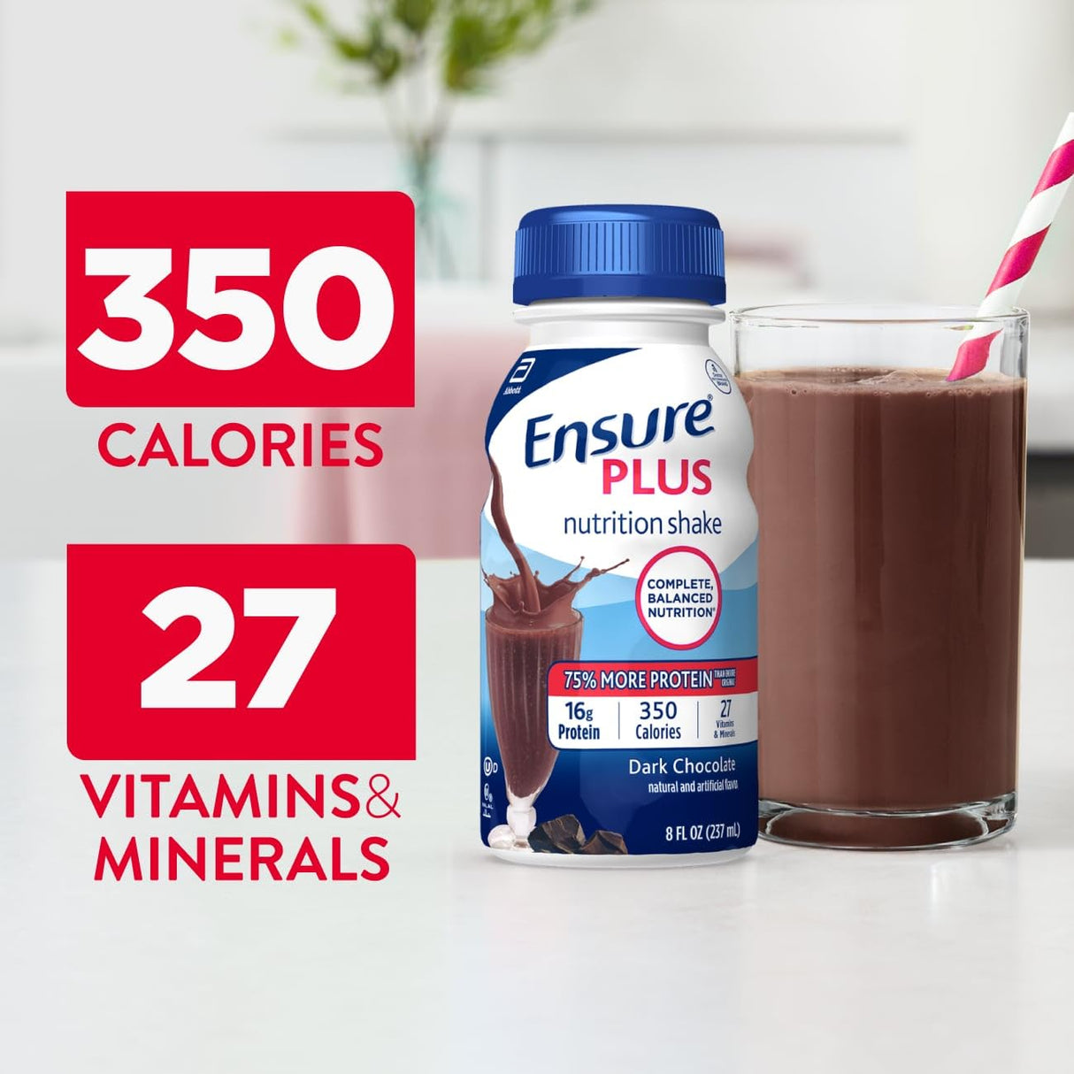 Ensure Plus DarkChocolate Nutrition Shake | Meal Replacement Shake | Ready To Drink | 16g Protein and 27 Vitamins and Minerals | 8 fl oz - 24 Pack