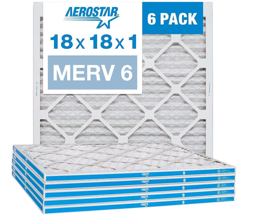 Aerostar 18x18x1 MERV 6 Pleated Air Filter, AC Furnace Air Filter, 6 Pack (Actual Size: 17 3/4"x17 3/4"x3/4")