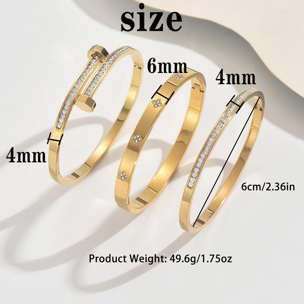 Xigocorsn Gold Bangles Bangle Bracelets Set for Women, genuine gold electroplating 3 Piece Elliptical Design with Cubic Zirconia Accents, 2.36 Inch Diameter, Waterproof Stainless Steel