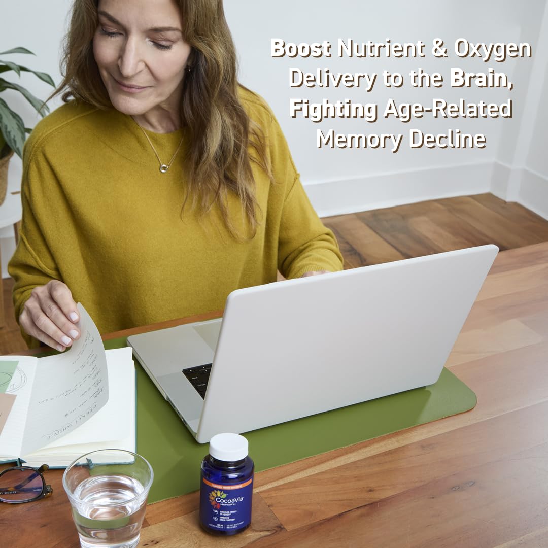 CocoaVia Heart & Brain Supplement, 30 Day, Cocoa Flavanol Extract, Memory & Circulation Booster, Nitric Oxide, Boost Oxygen & Energy, Plant Based, Gluten Free, Vegan, 60 Capsules